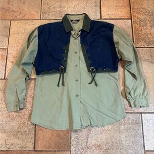 Vintage 80s 90s Roper Green Blue Layered Western Shirt Conchos Fringe Size L